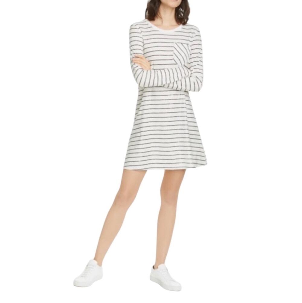 ATM Stripe Shimmer Long Sleeve T-Shirt Dress Chalk/black Pima Cotton Sz Med